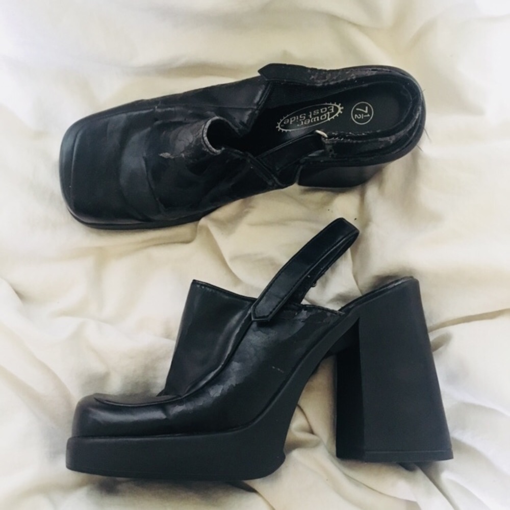 Chunky Leather Heeled Mules Black Slip On Slider